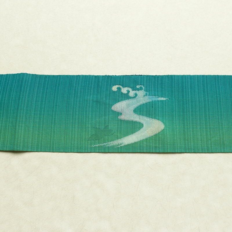 名古屋帯 太鼓柄 夏用 正絹 流水・波柄 名古屋仕立て なごや帯 リサイクル帯 帯 銀糸 緑・うぐいす色_画像13