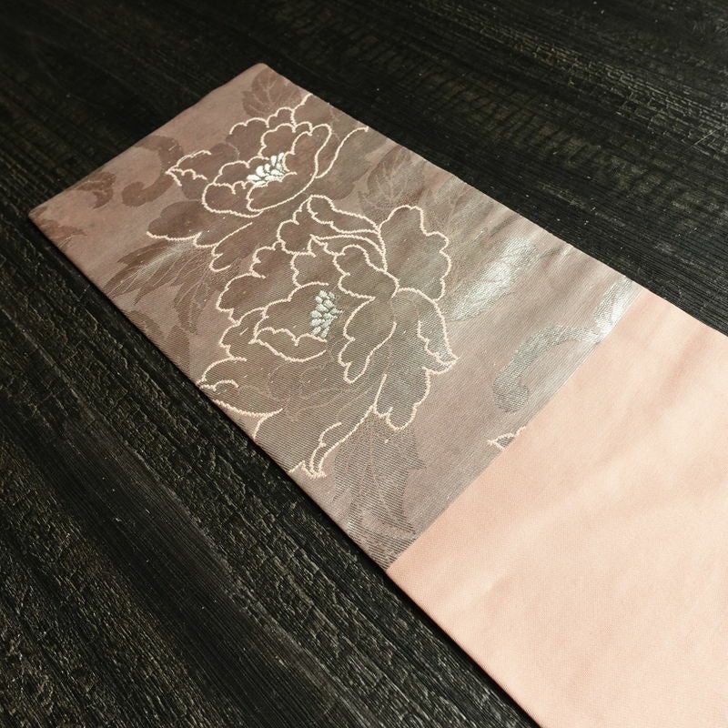 名古屋帯 六通柄 正絹 花柄 名古屋仕立て なごや帯 リサイクル帯 帯 引箔 ピンク_画像15