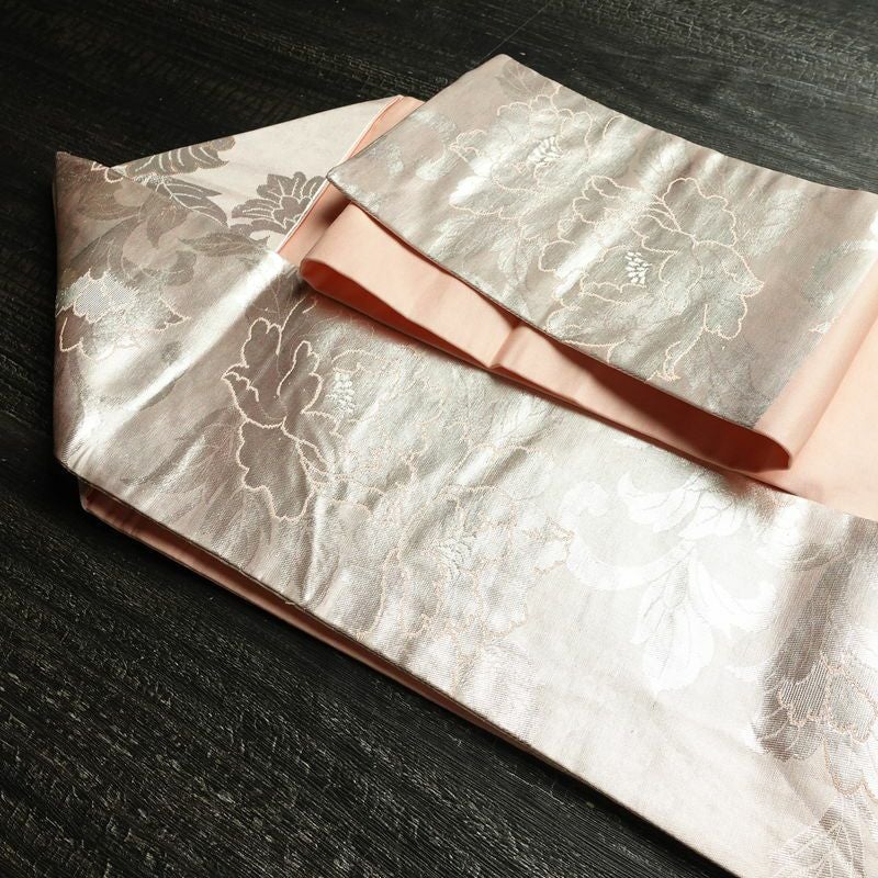 名古屋帯 六通柄 正絹 花柄 名古屋仕立て なごや帯 リサイクル帯 帯 引箔 ピンク_画像21