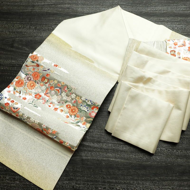 名古屋帯 太鼓柄 正絹 花柄 名古屋仕立て なごや帯 リサイクル帯 帯 箔 菊 白_画像16