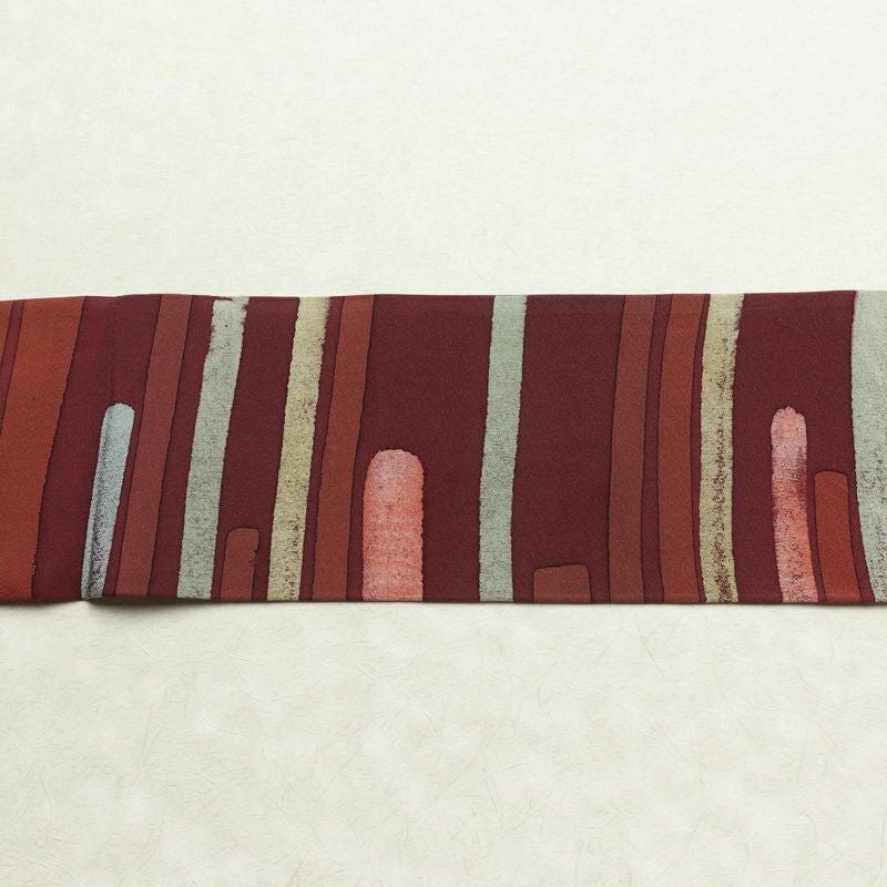 名古屋帯 全通柄 良品 正絹 幾何学柄・抽象柄 名古屋仕立て なごや帯 リサイクル帯 帯 モダン 小豆・エンジ_画像13