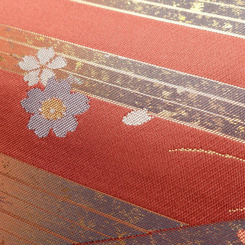 名古屋帯 太鼓柄 美品 正絹 名古屋仕立て なごや帯 古典柄リサイクル帯 帯 箔 菊 桜 銀朱色 赤・朱_画像5