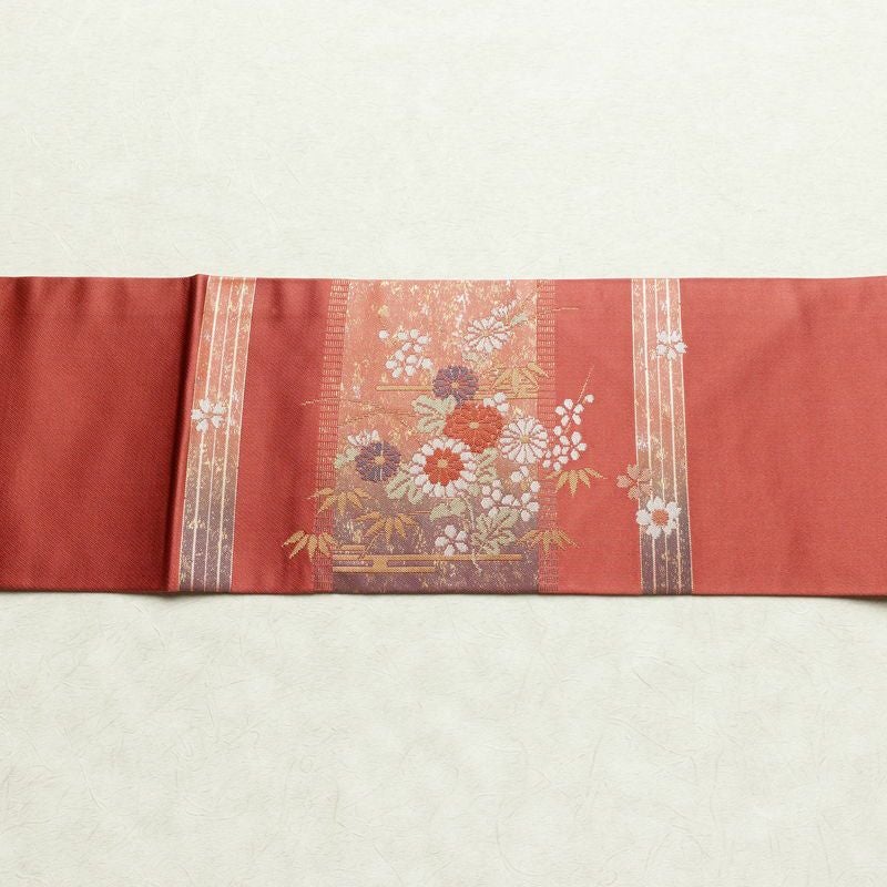 名古屋帯 太鼓柄 美品 正絹 名古屋仕立て なごや帯 古典柄リサイクル帯 帯 箔 菊 桜 銀朱色 赤・朱_画像15