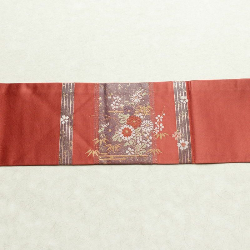 名古屋帯 太鼓柄 美品 正絹 名古屋仕立て なごや帯 古典柄リサイクル帯 帯 箔 菊 桜 銀朱色 赤・朱_画像16