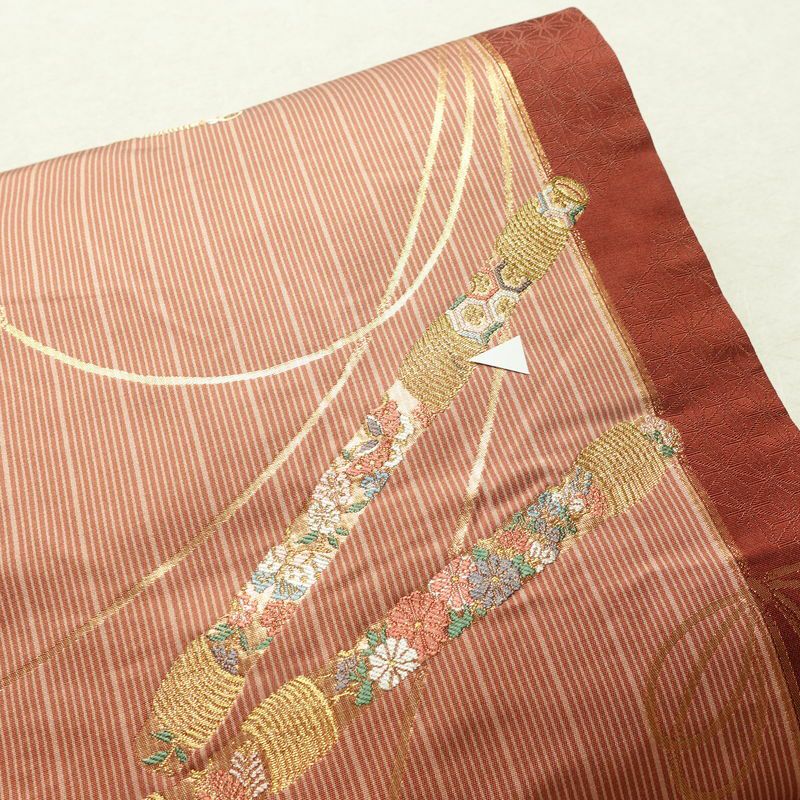 名古屋帯 六通柄 正絹 古典柄 名古屋仕立て なごや帯 リサイクル帯 帯 箔 金糸 小豆・エンジ_画像3