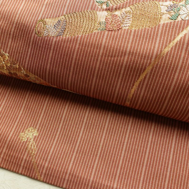 名古屋帯 六通柄 正絹 古典柄 名古屋仕立て なごや帯 リサイクル帯 帯 箔 金糸 小豆・エンジ_画像9