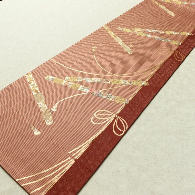 名古屋帯 六通柄 正絹 古典柄 名古屋仕立て なごや帯 リサイクル帯 帯 箔 金糸 小豆・エンジ_画像10