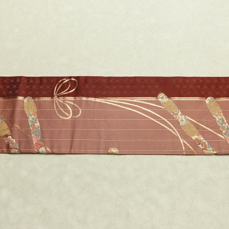 名古屋帯 六通柄 正絹 古典柄 名古屋仕立て なごや帯 リサイクル帯 帯 箔 金糸 小豆・エンジ_画像14
