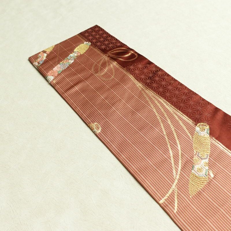 名古屋帯 六通柄 正絹 古典柄 名古屋仕立て なごや帯 リサイクル帯 帯 箔 金糸 小豆・エンジ_画像16
