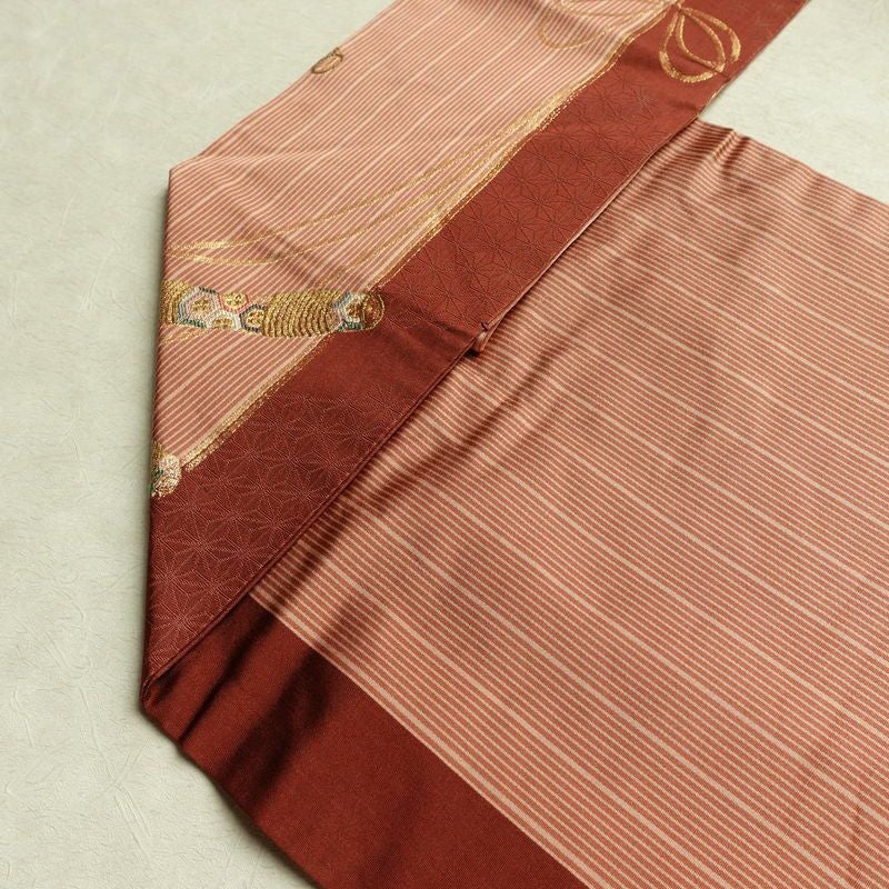 名古屋帯 六通柄 正絹 古典柄 名古屋仕立て なごや帯 リサイクル帯 帯 箔 金糸 小豆・エンジ_画像19