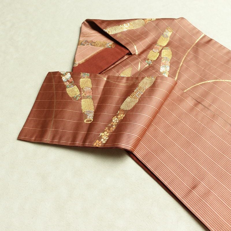 名古屋帯 六通柄 正絹 古典柄 名古屋仕立て なごや帯 リサイクル帯 帯 箔 金糸 小豆・エンジ_画像21