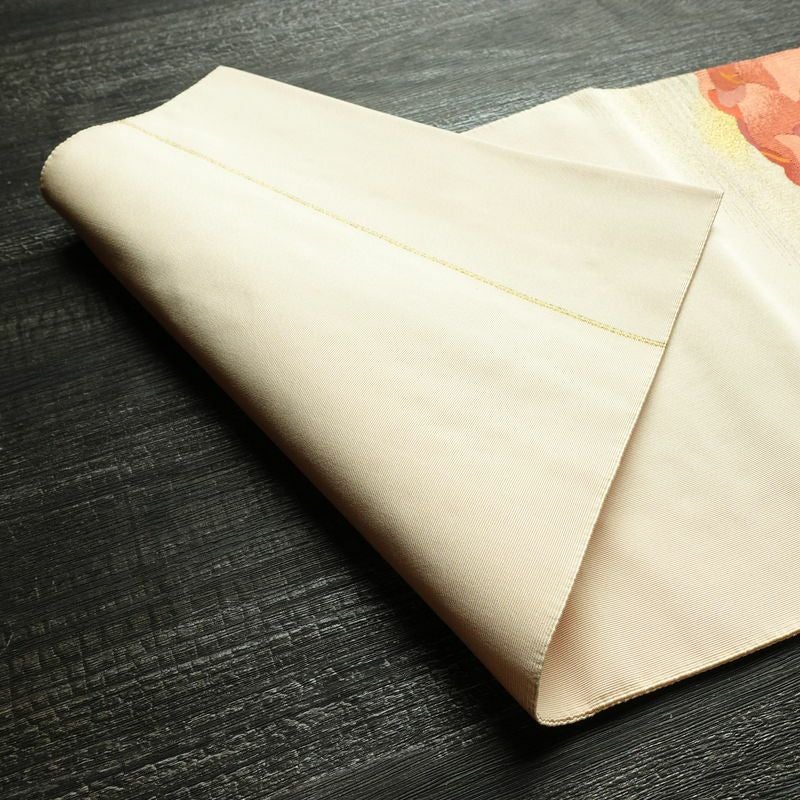 名古屋帯 太鼓柄 つづれ織 正絹 木の葉・植物柄 松葉仕立て なごや帯 リサイクル帯 帯 金糸 ベージュ_画像11