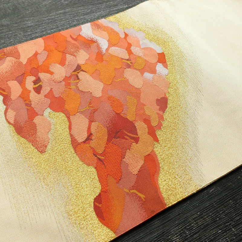 名古屋帯 太鼓柄 つづれ織 正絹 木の葉・植物柄 松葉仕立て なごや帯 リサイクル帯 帯 金糸 ベージュ_画像12