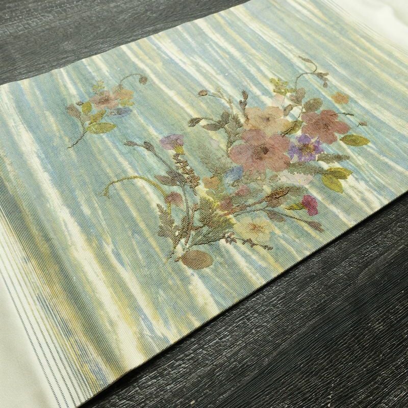 名古屋帯 押し花 太鼓柄 正絹 花柄 名古屋仕立て なごや帯 リサイクル帯 帯 モダン 洒落 白_画像12