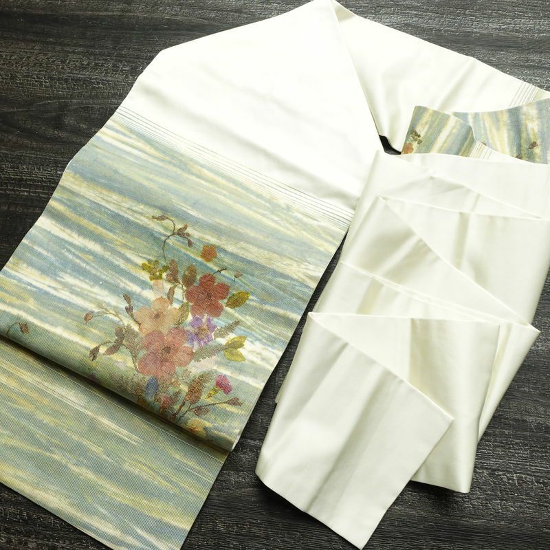 名古屋帯 押し花 太鼓柄 正絹 花柄 名古屋仕立て なごや帯 リサイクル帯 帯 モダン 洒落 白_画像18