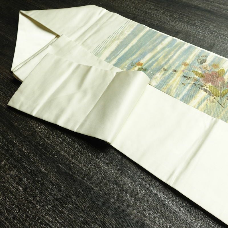 名古屋帯 押し花 太鼓柄 正絹 花柄 名古屋仕立て なごや帯 リサイクル帯 帯 モダン 洒落 白_画像21