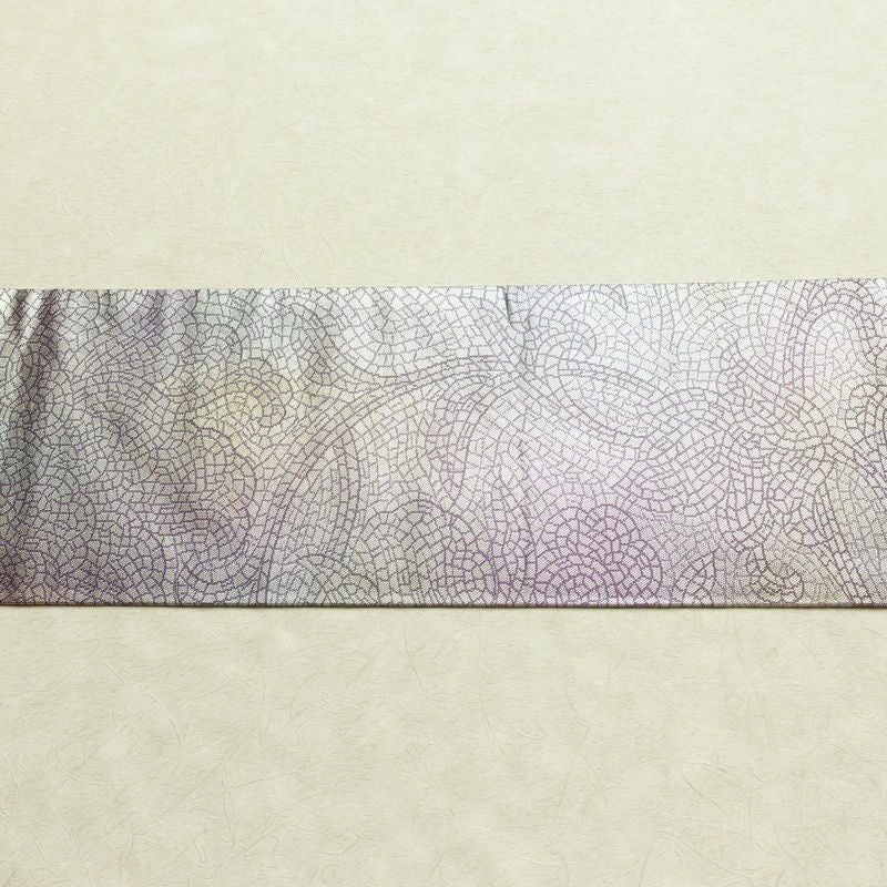 名古屋帯 六通柄 正絹 幾何学柄・抽象柄 名古屋仕立て なごや帯 比翼仕立て リサイクル帯 帯 箔 紫・藤色_画像13