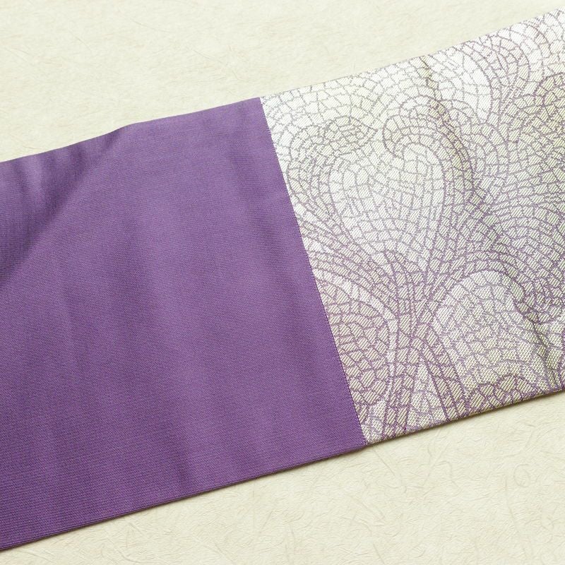 名古屋帯 六通柄 正絹 幾何学柄・抽象柄 名古屋仕立て なごや帯 比翼仕立て リサイクル帯 帯 箔 紫・藤色_画像15