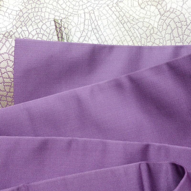 名古屋帯 六通柄 正絹 幾何学柄・抽象柄 名古屋仕立て なごや帯 比翼仕立て リサイクル帯 帯 箔 紫・藤色_画像18