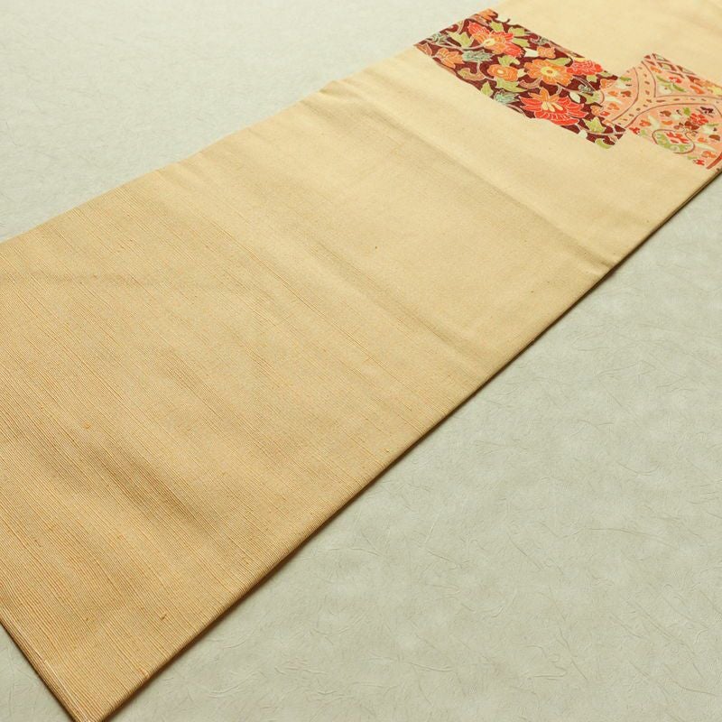 名古屋帯 太鼓柄 良品 しつけ糸付き 正絹 花柄 名古屋仕立て なごや帯 リサイクル帯 帯 金彩 モダン 橙_画像8