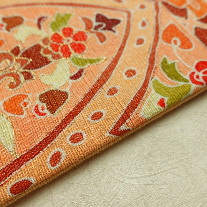 名古屋帯 太鼓柄 良品 しつけ糸付き 正絹 花柄 名古屋仕立て なごや帯 リサイクル帯 帯 金彩 モダン 橙_画像12