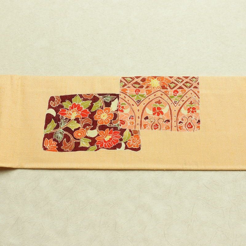 名古屋帯 太鼓柄 良品 しつけ糸付き 正絹 花柄 名古屋仕立て なごや帯 リサイクル帯 帯 金彩 モダン 橙_画像13