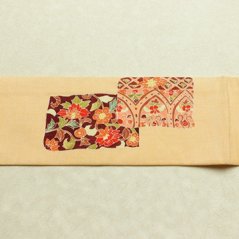 名古屋帯 太鼓柄 良品 しつけ糸付き 正絹 花柄 名古屋仕立て なごや帯 リサイクル帯 帯 金彩 モダン 橙_画像14