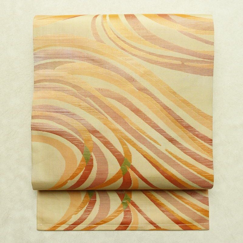 名古屋帯 六通柄 正絹 流水・波柄 名古屋仕立て なごや帯 リサイクル帯 帯 黄・黄土色_画像1