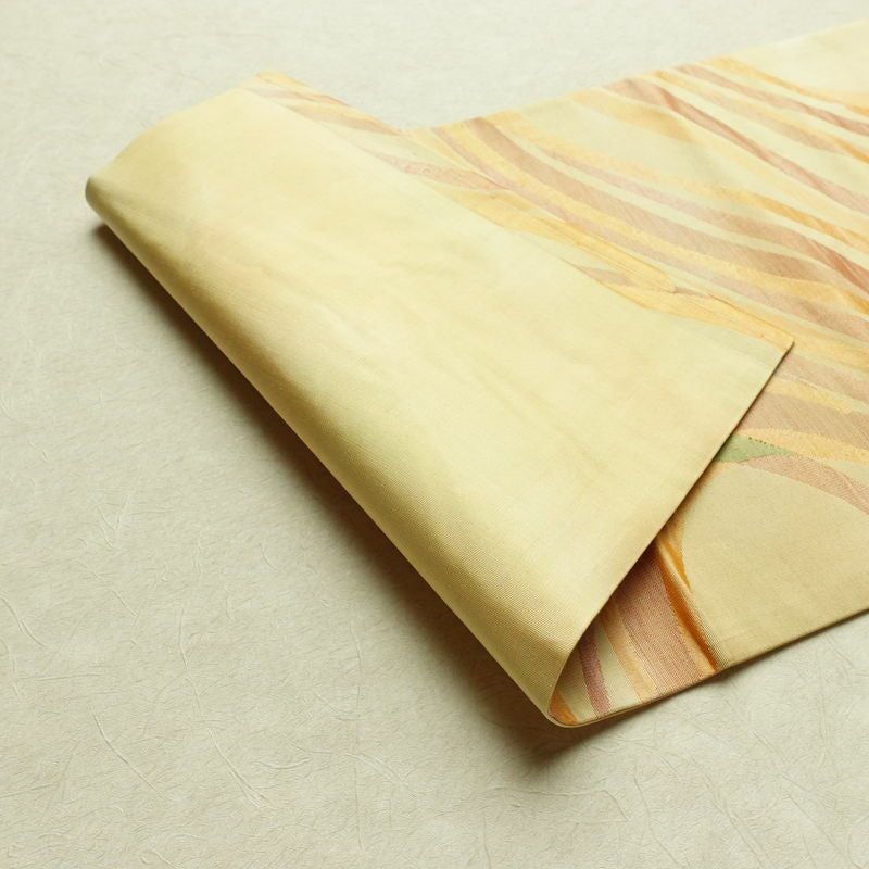 名古屋帯 六通柄 正絹 流水・波柄 名古屋仕立て なごや帯 リサイクル帯 帯 黄・黄土色_画像9