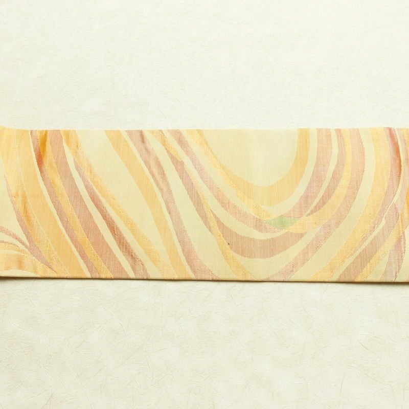 名古屋帯 六通柄 正絹 流水・波柄 名古屋仕立て なごや帯 リサイクル帯 帯 黄・黄土色_画像13