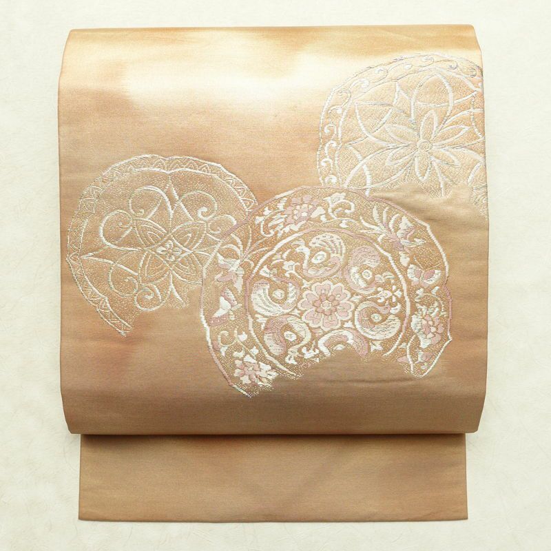 名古屋帯 太鼓柄 良品 正絹 幾何学柄・抽象柄 名古屋仕立て なごや帯 リサイクル帯 帯 ピンクベージュ ベージュ_画像1