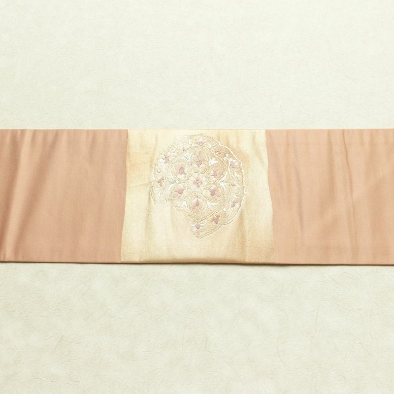 名古屋帯 太鼓柄 良品 正絹 幾何学柄・抽象柄 名古屋仕立て なごや帯 リサイクル帯 帯 ピンクベージュ ベージュ_画像14