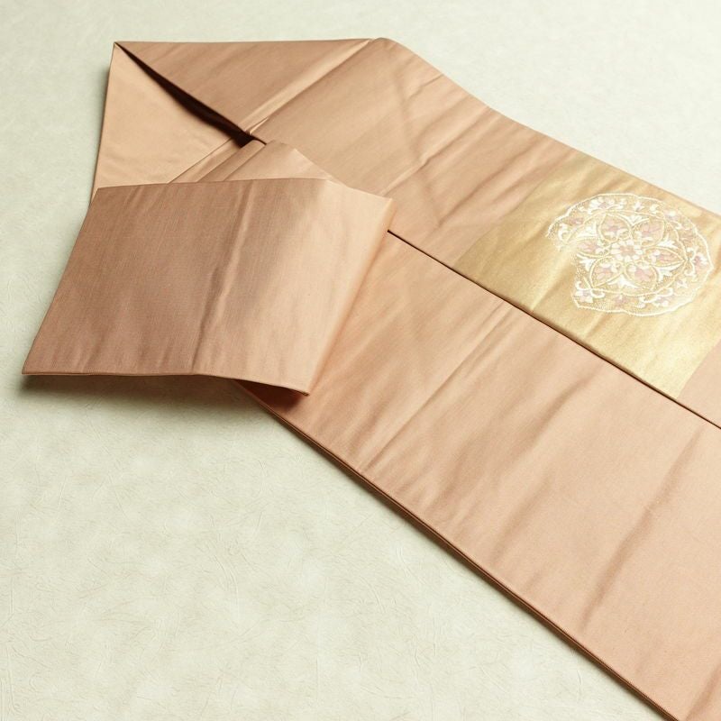 名古屋帯 太鼓柄 良品 正絹 幾何学柄・抽象柄 名古屋仕立て なごや帯 リサイクル帯 帯 ピンクベージュ ベージュ_画像20