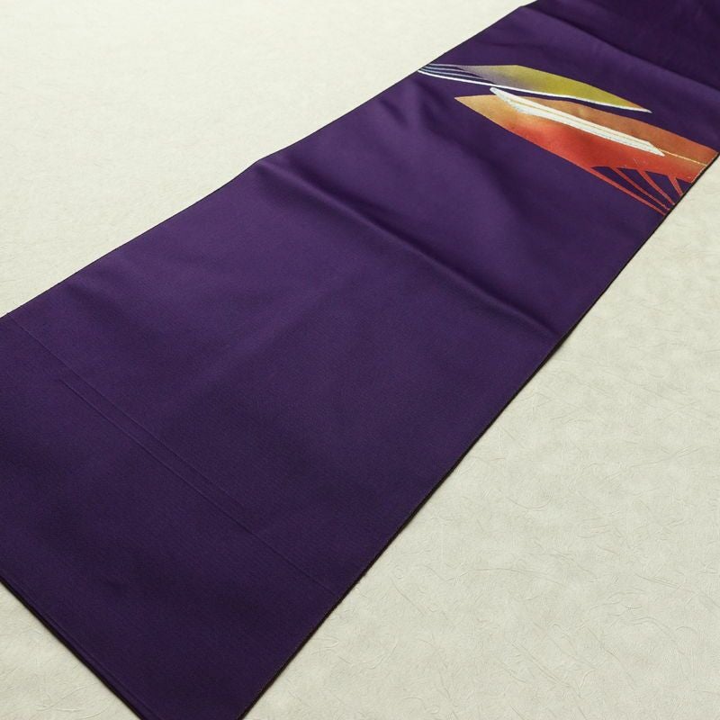 名古屋帯 太鼓柄 正絹 古典柄 松葉仕立て なごや帯 リサイクル帯 帯 引箔 扇子 紫・藤色_画像8