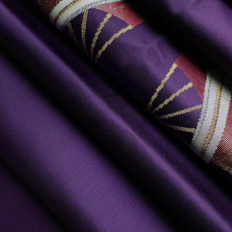 名古屋帯 太鼓柄 正絹 古典柄 松葉仕立て なごや帯 リサイクル帯 帯 引箔 扇子 紫・藤色_画像18