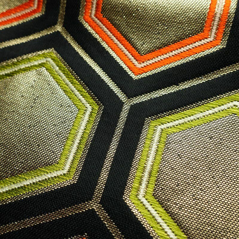 名古屋帯 六通柄 正絹 亀甲柄 名古屋仕立て なごや帯 リサイクル帯 帯 引箔 黒_画像6