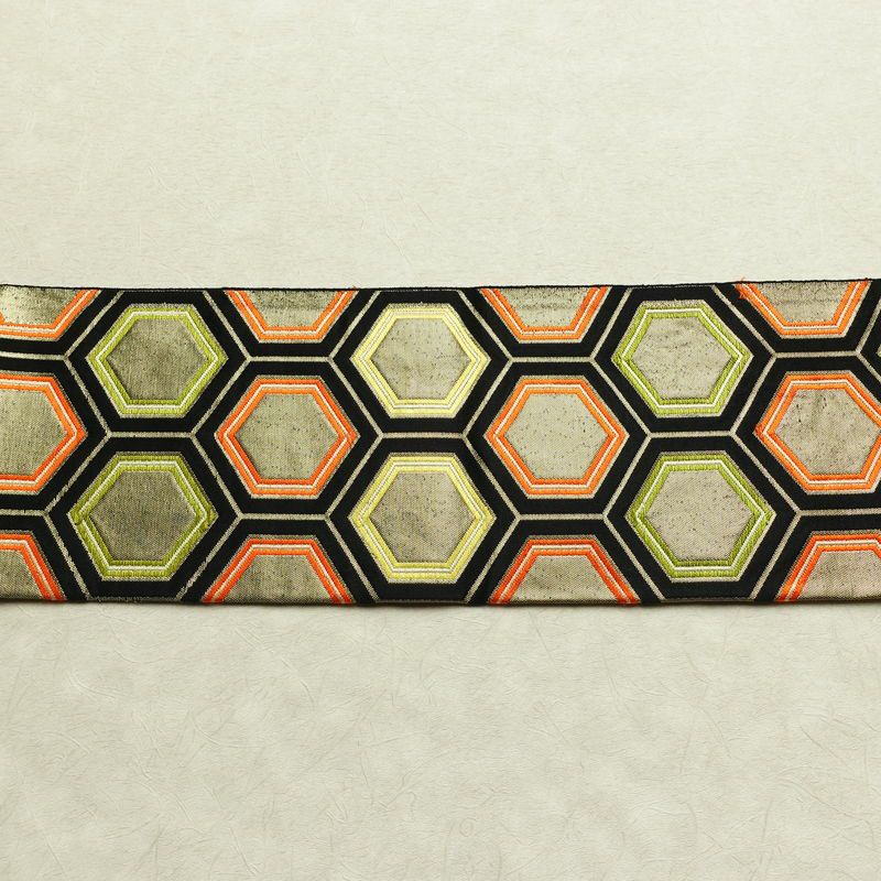 名古屋帯 六通柄 正絹 亀甲柄 名古屋仕立て なごや帯 リサイクル帯 帯 引箔 黒_画像12