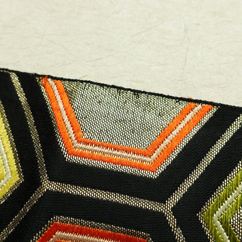 名古屋帯 六通柄 正絹 亀甲柄 名古屋仕立て なごや帯 リサイクル帯 帯 引箔 黒_画像13