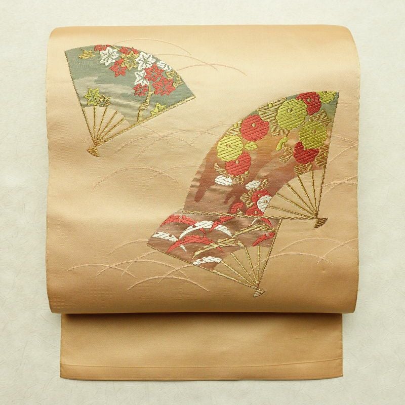 名古屋帯 太鼓柄 正絹 古典柄 名古屋仕立て シンプル 扇子 ベージュ_画像1