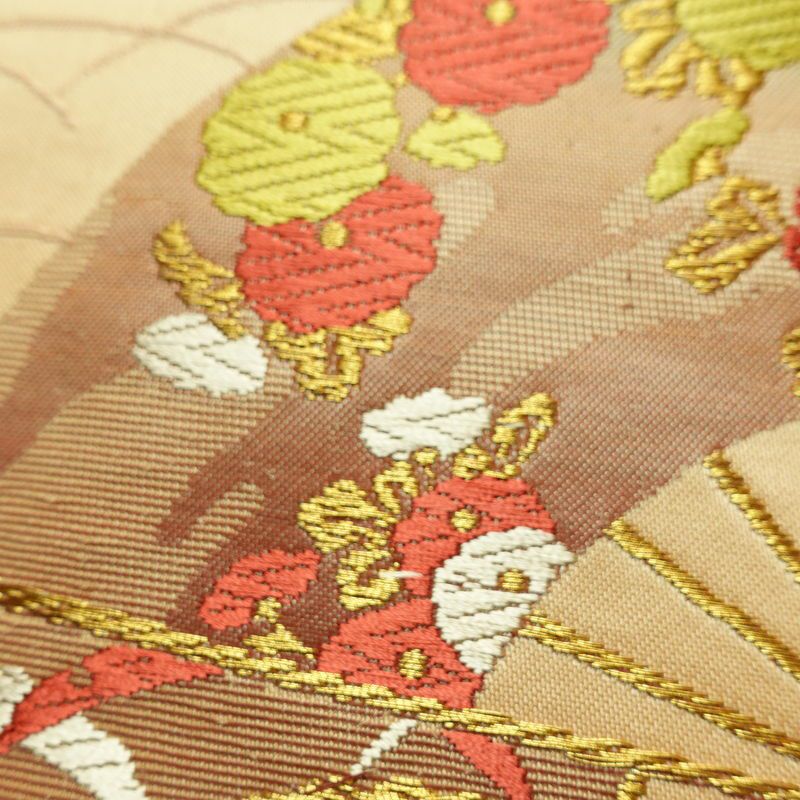 名古屋帯 太鼓柄 正絹 古典柄 名古屋仕立て シンプル 扇子 ベージュ_画像3