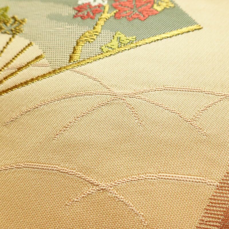 名古屋帯 太鼓柄 正絹 古典柄 名古屋仕立て シンプル 扇子 ベージュ_画像6