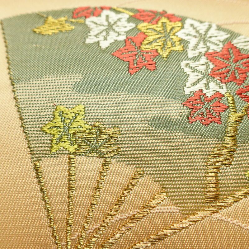 名古屋帯 太鼓柄 正絹 古典柄 名古屋仕立て シンプル 扇子 ベージュ_画像7