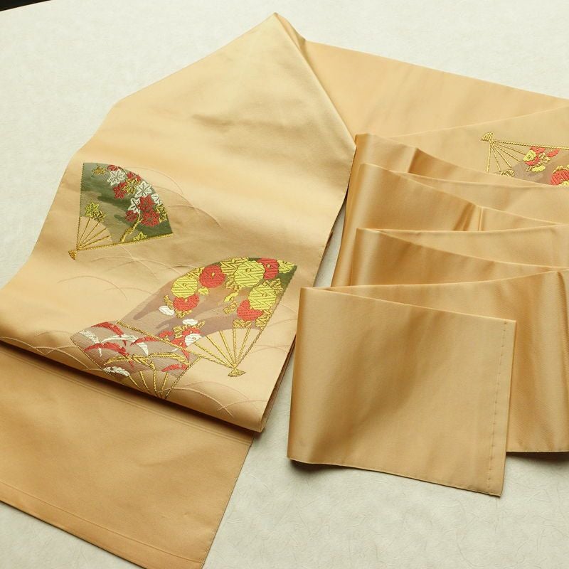 名古屋帯 太鼓柄 正絹 古典柄 名古屋仕立て シンプル 扇子 ベージュ_画像18
