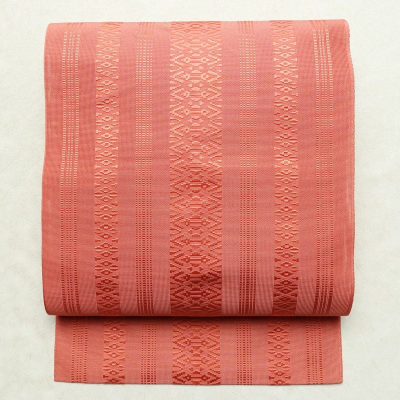 名古屋帯 全通柄 良品 夏用 正絹 縞柄・線柄 松葉仕立て なごや帯 リサイクル帯 ピンク 帯_画像1