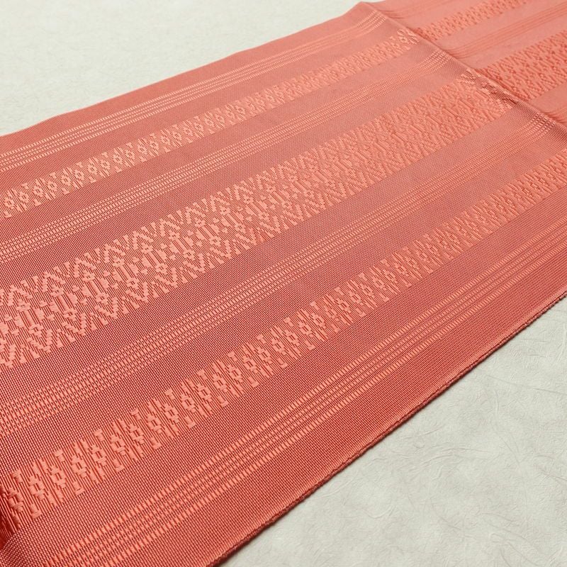 名古屋帯 全通柄 良品 夏用 正絹 縞柄・線柄 松葉仕立て なごや帯 リサイクル帯 ピンク 帯_画像11