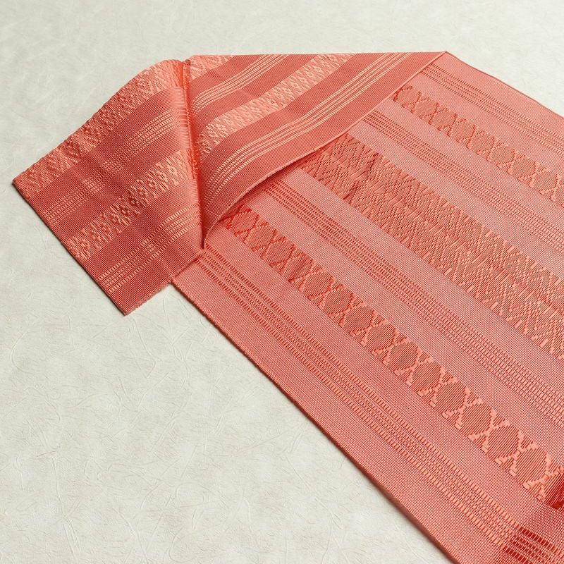 名古屋帯 全通柄 良品 夏用 正絹 縞柄・線柄 松葉仕立て なごや帯 リサイクル帯 ピンク 帯_画像15