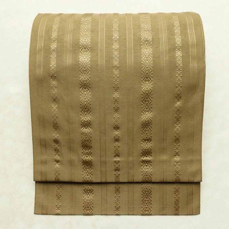 名古屋帯 全通柄 夏用 ポリエステル 縞柄・線柄 松葉仕立て なごや帯 リサイクル帯 帯 黄・黄土色_画像1