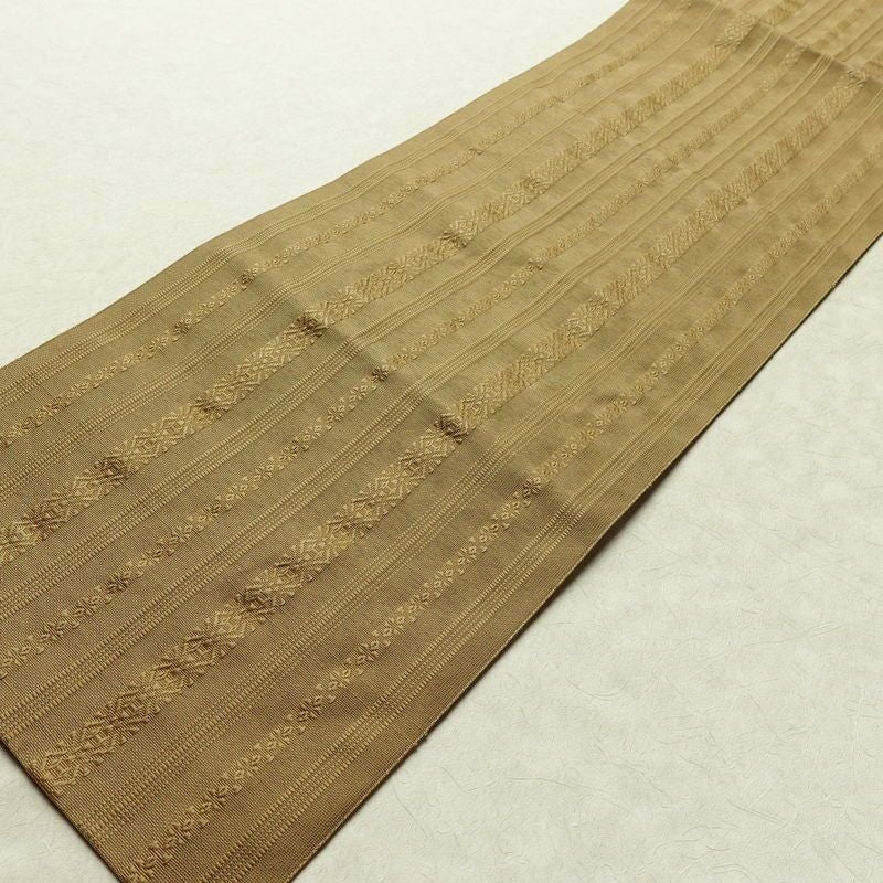 名古屋帯 全通柄 夏用 ポリエステル 縞柄・線柄 松葉仕立て なごや帯 リサイクル帯 帯 黄・黄土色_画像8