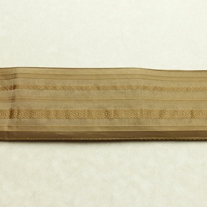 名古屋帯 全通柄 夏用 ポリエステル 縞柄・線柄 松葉仕立て なごや帯 リサイクル帯 帯 黄・黄土色_画像13