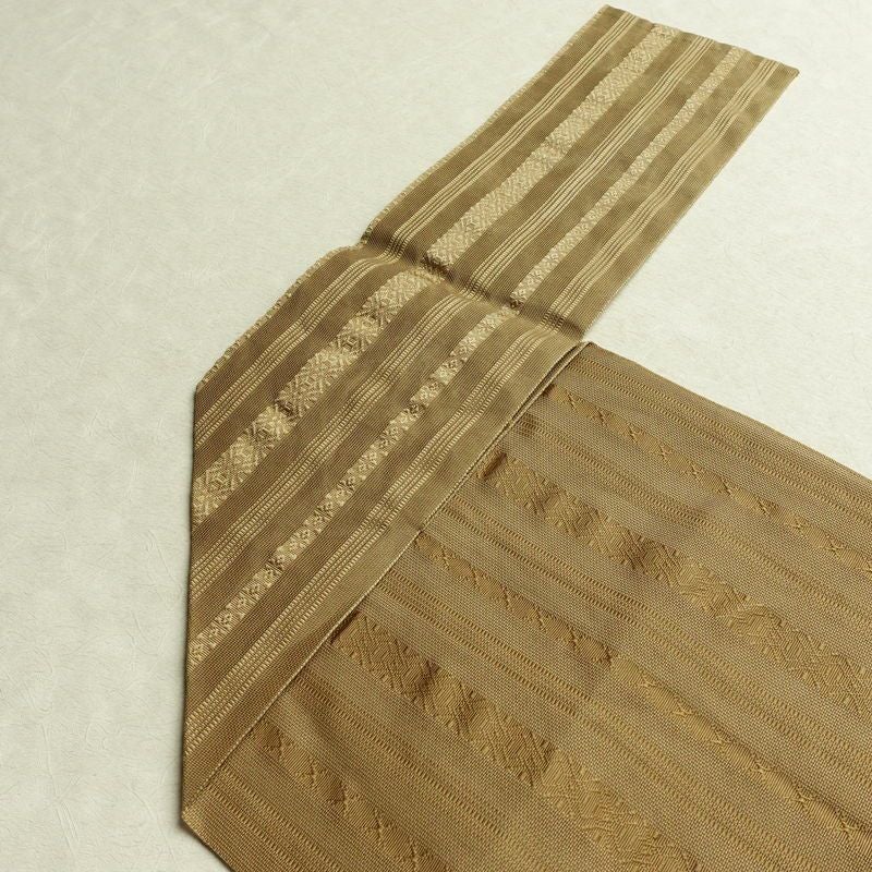 名古屋帯 全通柄 夏用 ポリエステル 縞柄・線柄 松葉仕立て なごや帯 リサイクル帯 帯 黄・黄土色_画像15